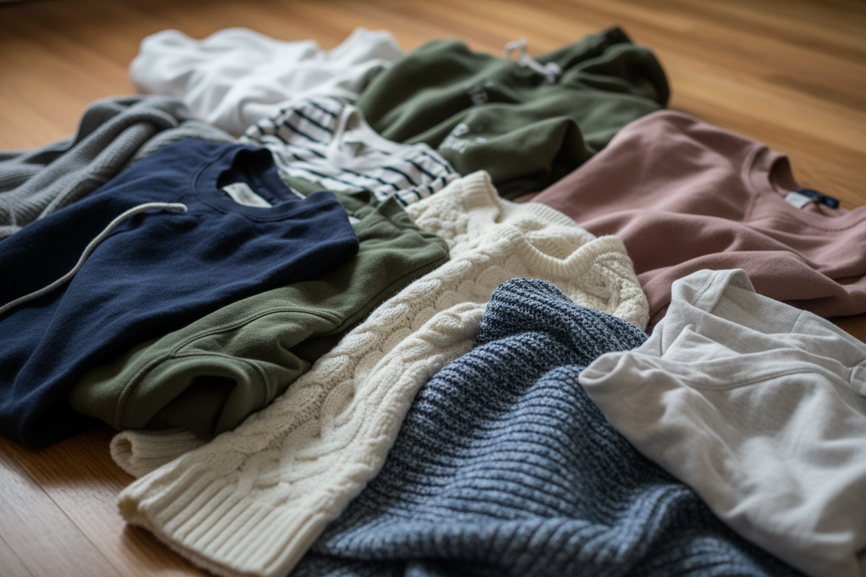 a lot of clothe, crewneck, sweeter, hoodie and tshirt in the floor "scattered and its zoom in